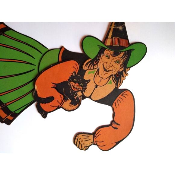 Vintage Halloween Witch Black Cat Die-Cut Jointed MOVABLE Decoration Wall 1940's - Picture 5 of 9